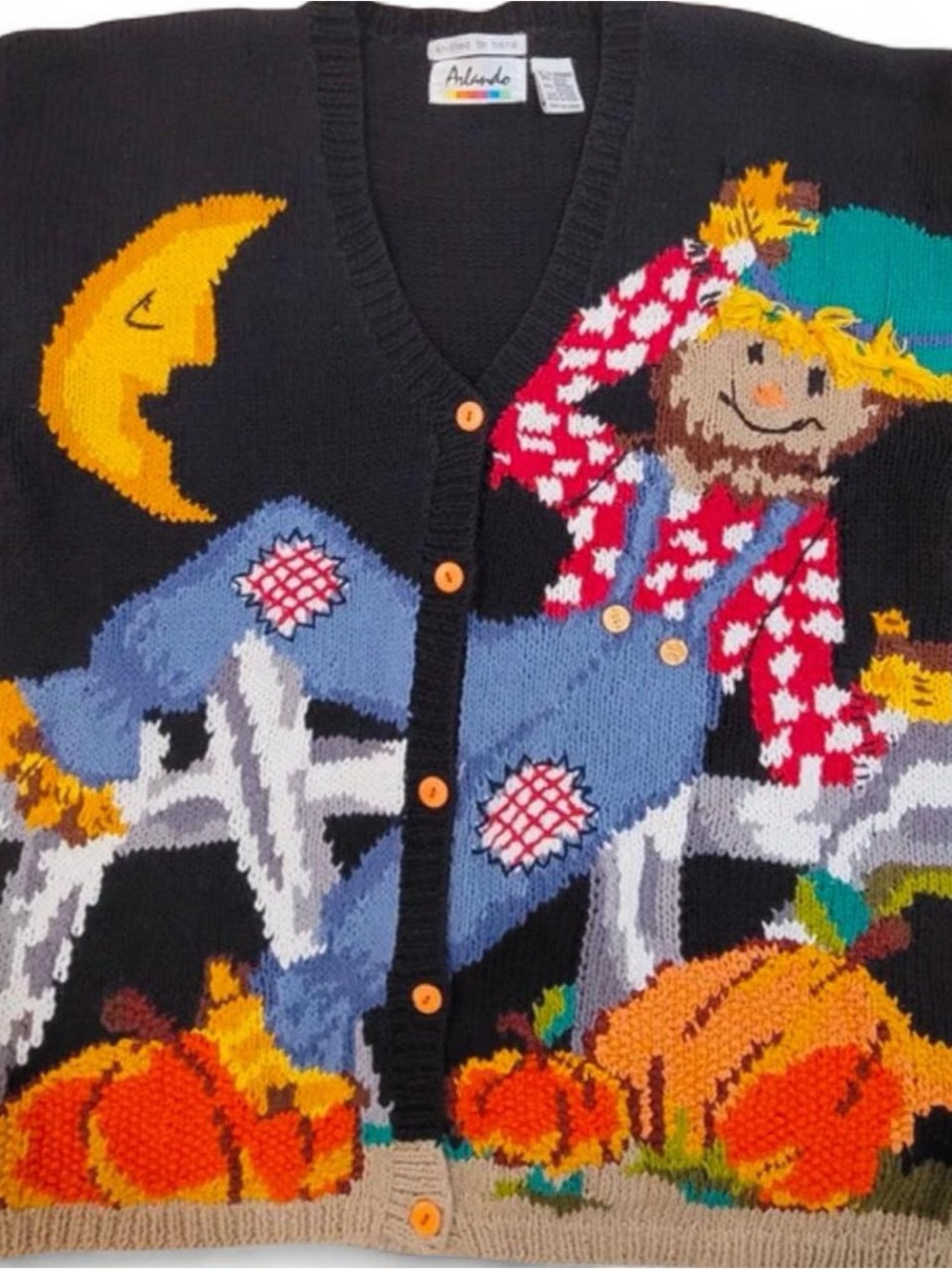 Vintage Arlando 80s/90s Halloween Scarecrow Hand-knit Button Cardigan Sweater XL